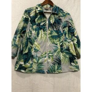 Chicos Full Zip Jacket Womens Size 2 Large Floral 3/4 Sleeve Boho‎ Hawaiian